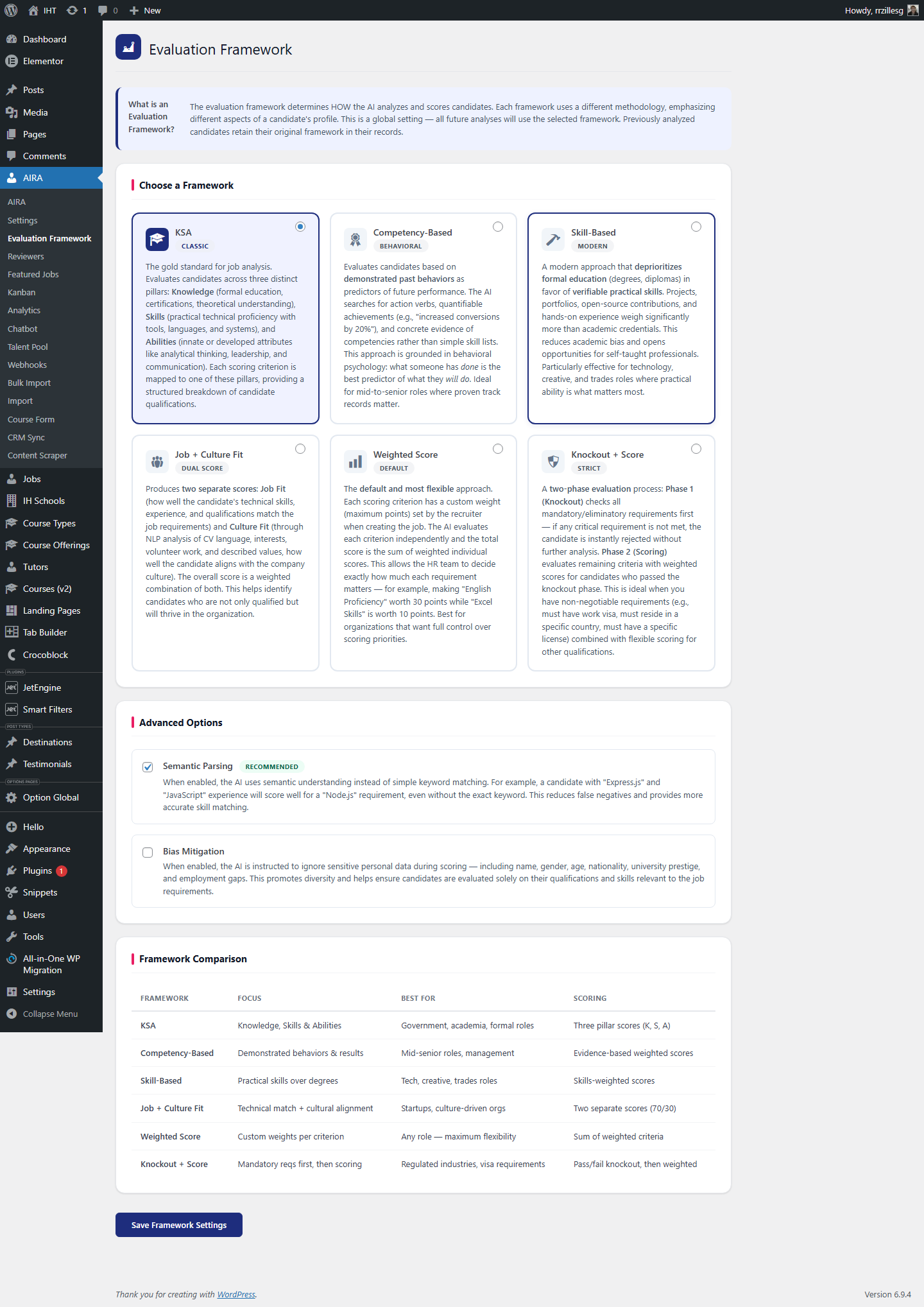 Global framework configuration screen in admin