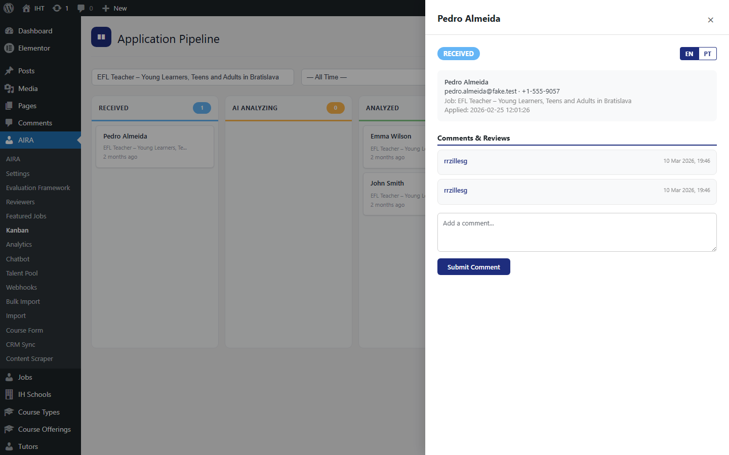 Candidate detail panel with scores by criterion, comments and timeline