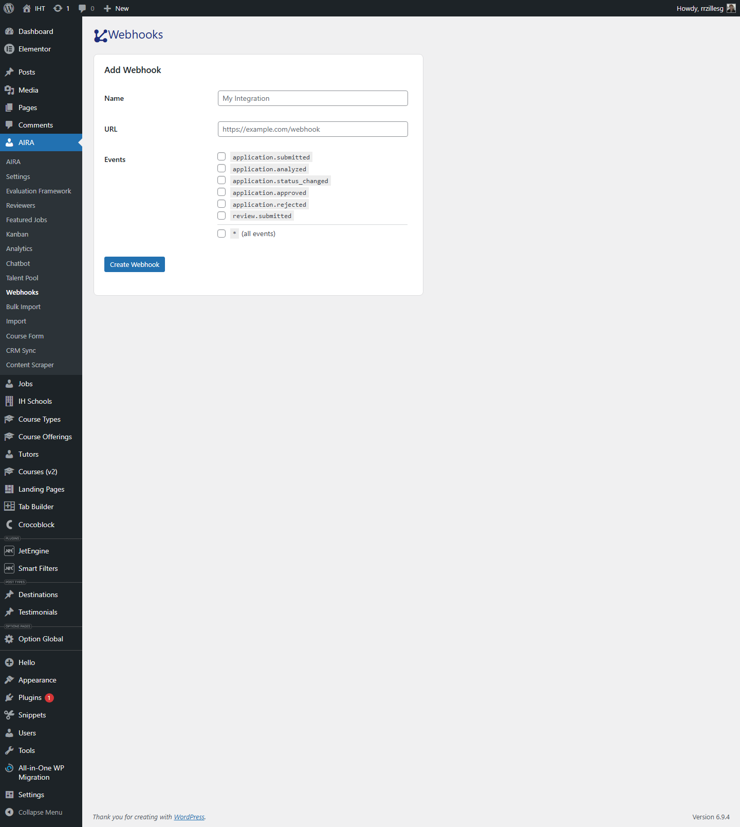 Configuração de Webhooks com 6 eventos disponíveis