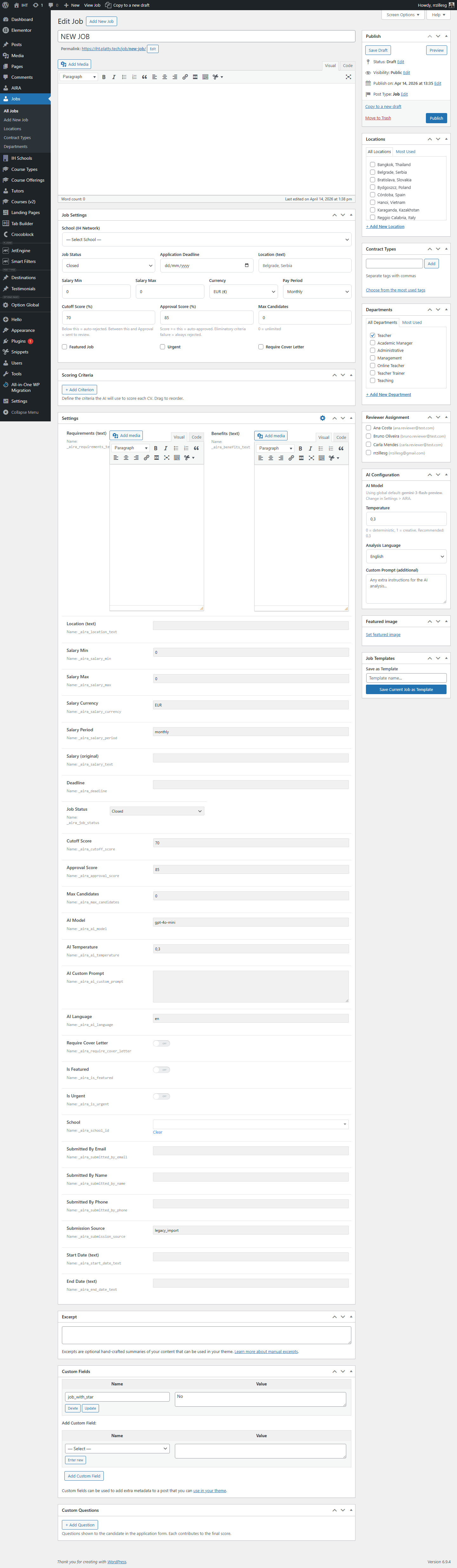 Job editor with criteria, questions and AI settings